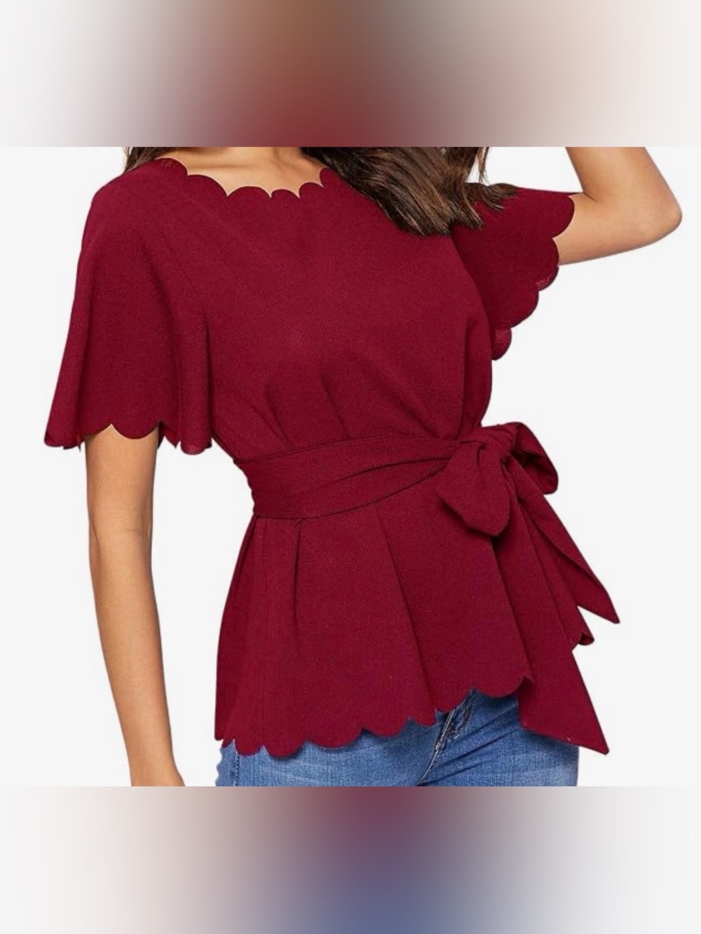 Red scallop trim belted blouse.